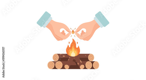 Hands Lighting Fire on Wood Log in Campfire Scene
