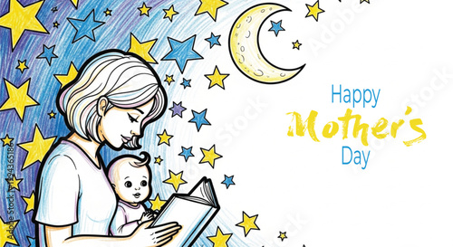 Mother's day illustration a loving mother reading to her baby
