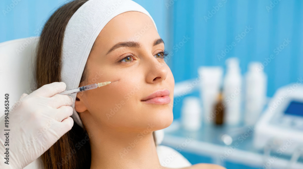 Naklejka premium Young Woman Receiving Cosmetic Facial Injection in Beauty Clinic