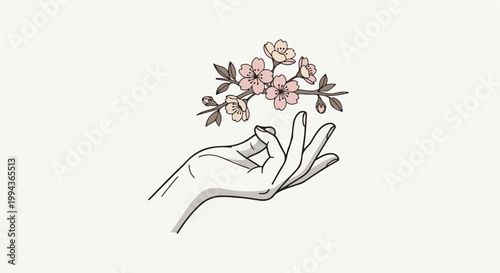 Delicate hand cradles blossoming cherry branch, symbolizing fragility and beauty