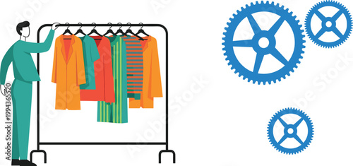 "Set of Clothing Rack and Gears Icons for Fashion, Organization, and Workflow Efficiency Themes"