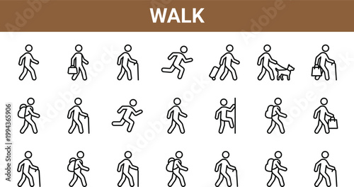 Walking people icons set with human movement poses pedestrian activities and daily motion actions minimal outline vector