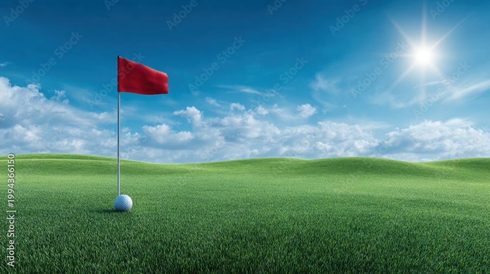 Obraz premium Scenic Golf Course View with Flag and Ball Against Bright Sky and Rolling Green Hills Under Sunlight