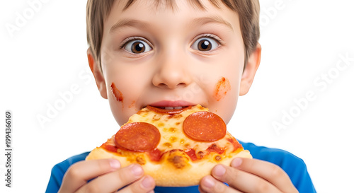 Close-up of a young boy happily eating a slice of pepperoni pizza with tomato sauce on his cheek, isolated on a white background