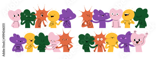 Funny characters with different emotions set. Happy, positive and angry, sad, negative face expressions. Good and bad feelings, moods. Colored flat vector illustrations isolated on white background