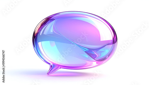 A vibrant, iridescent, and abstract glass sphere resembling a speech bubble glows against a stark white background, showcasing a captivating play of light and color.