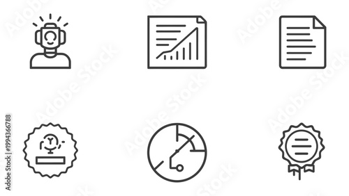 Icons of Innovation: Set of modern business and technology icons. Featuring elements such as a human avatar with a lightbulb head, representing ideas and creativity.