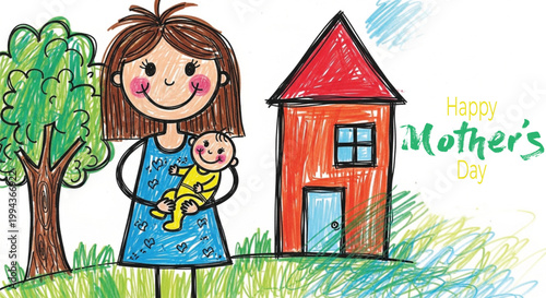 Child's drawing of a mother baby and house in a colorful style