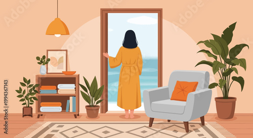 A brightly colored and organized home office space featuring a desk chair and storage