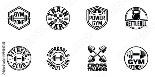 Fitness and Gym Logo Badge Set with Barbells Kettlebells and Workout Emblems