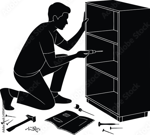 Man assembling furniture with tools screws instructions black and white assembly furniture