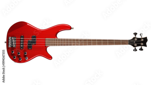 Photos Bright red four-string electric bass guitar with black headstock and tuning pegs