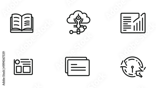 Essential Icon Set: Streamlined monochrome icons, perfect for illustrating digital concepts, user interfaces, or design elements, conveying information clearly and efficiently.