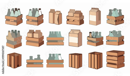 Cartoon drink crate icons vector set with milk delivery bottles and paper cartons in playful flat style isolated on white background