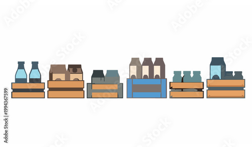 Drink crate cartoon icons vector collection with milk delivery boxes bottles and cartons isolated on white background