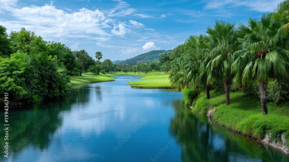 Obraz premium Serene Golf Course Landscape with Lush Greenery and Reflection in Calm Water Under Clear Blue Sky