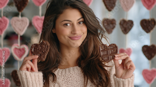 Woman holding heart shaped chocolates with Valentine's day decorations