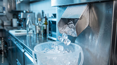 Ice machine dispensing ice cubes into clear plastic bucket in kitchen  