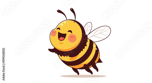 Extremely happy bumblebee character flying and laughing with rosy cheeks and small wings on a clean white background.
