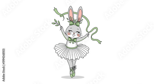 Sweet bunny ballerina wearing a white tutu and green bows dancing gracefully with a ribbon for nursery or card design.