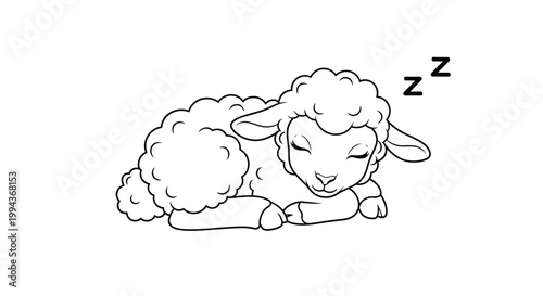 Simple black and white line drawing of a cute lamb sleeping peacefully on a white background with sleep symbols.