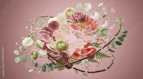 Floral Arrangement Circle Design With Roses and Eucalyptus for Wedding Invitations and Botanical Branding