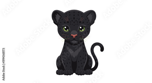 Cute black panther cub sitting and looking forward with bright green eyes in a clean flat vector illustration style.