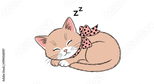Adorable ginger kitten sleeping with a pink polka dot bow and a peaceful expression on a clean white background.