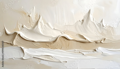 A close-up abstract painting showcases thick, textured strokes of white and beige, creating a landscape-like effect with undulating forms and peaks.