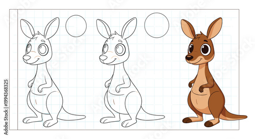 Step-by-step drawing tutorial demonstrates how to sketch and color a cute cartoon kangaroo with big eyes on grid paper.