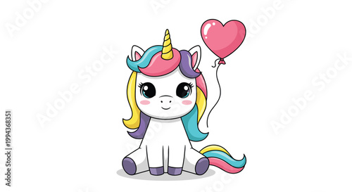Magical white unicorn with a rainbow mane sits peacefully while holding a pink heart-shaped balloon on a light gray shadow.