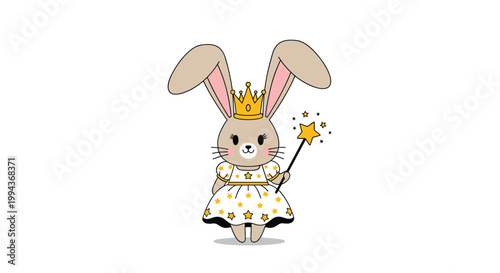 Royal bunny princess wearing a golden crown and star patterned dress holds a magic wand to cast a sparkling spell.