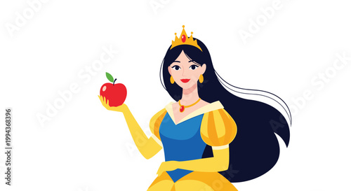 Classic fairytale princess Snow White is depicted with long dark hair and a yellow dress while holding a red apple.