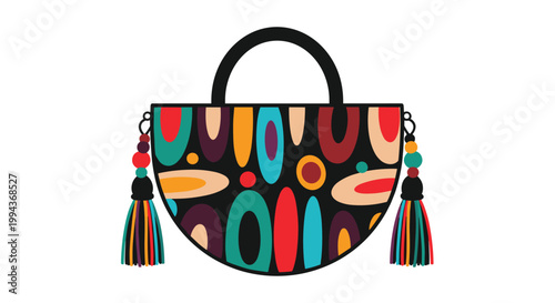 Stylish handbag features a vibrant pattern of colorful ovals and large decorative tassels hanging from the sides.