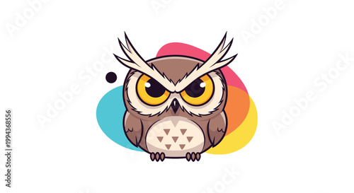Grumpy cartoon owl with large yellow eyes and thick eyebrows sits against a colorful background of abstract shapes.