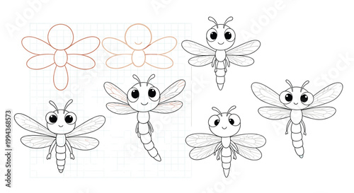 Drawing tutorial page displays several steps and variations to help children learn how to sketch a cute cartoon dragonfly.