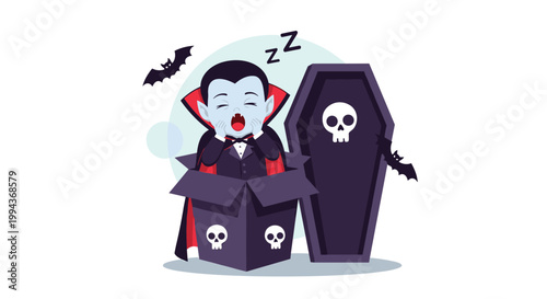 Playful vampire boy in a red and black cape wakes up with a yawn from his coffin shaped box surrounded by small bats.