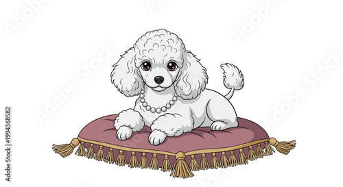 Cute white poodle wearing a pearl necklace and lying on a fancy purple cushion with decorative golden tassels.