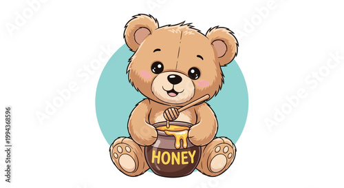 Cute brown teddy bear sits and enjoys a delicious pot of golden honey with a wooden dipper held in his little paw.