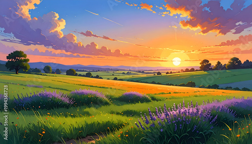 A vibrant landscape painting depicts a rolling green field bathed in the warm glow of a setting sun, framed by a dramatic sky filled with colorful clouds.