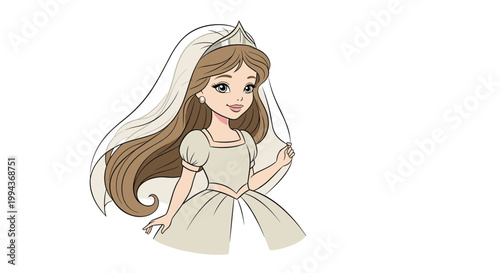 Elegant princess character with long flowing brown hair wearing a white gown and a matching bridal veil.