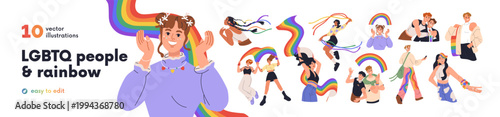 LGBTQ people, pride month set. Happy gays and lesbians, homosexual couples celebrating love. LGBT characters with rainbow flags and symbols. Flat vector illustration isolated on white background