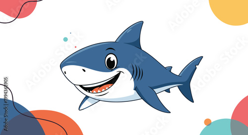 Friendly blue shark cartoon character swimming happily in a sea with colorful abstract geometric background elements.