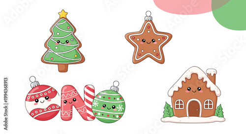 Set of adorable christmas character icons including a gingerbread tree star house and ornaments for festive holiday decoration design.