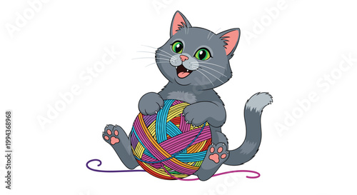 Playful gray kitten having fun with a large ball of colorful yarn isolated on a clean white background for pet and animal designs.
