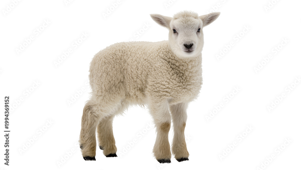 Fototapeta premium Fluffy young lamb standing with woolly fleece and attentive ears