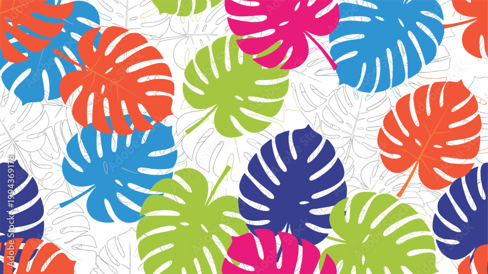 Fototapeta premium Vibrant seamless pattern with colorful monstera leaves in blue, green, orange, and pink on a white background with thin outlines.