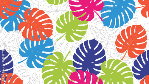 Vibrant seamless pattern with colorful monstera leaves in blue, green, orange, and pink on a white background with thin outlines.
