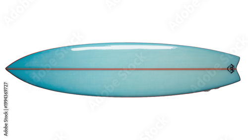 Canvas Print Sleek turquoise surfboard with red stripe and logo detail