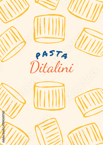 Italian pasta poster. Vintage traditional mediterranean noodle food background with ditalini macaroni for restaurant menu, kitchen art print, cookbooks, invitations. Vector illustration